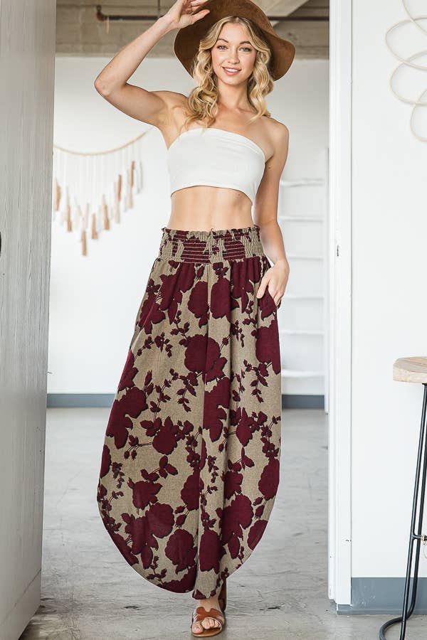 Floral Print Smocked Waistband Wide Leg Pants