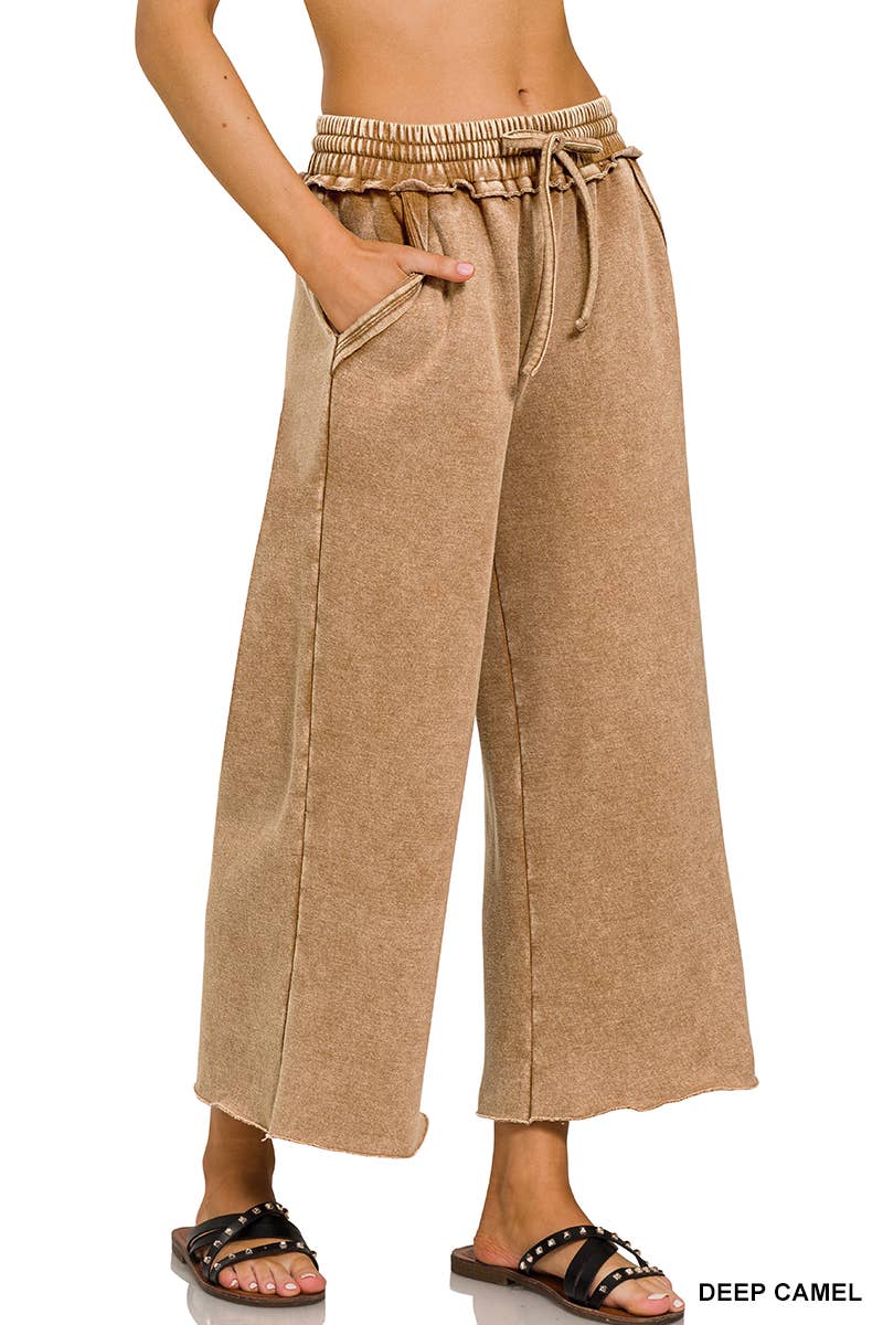 WASHED FLEECE WIDE LEG SWEATPANTS WITH POCKETS