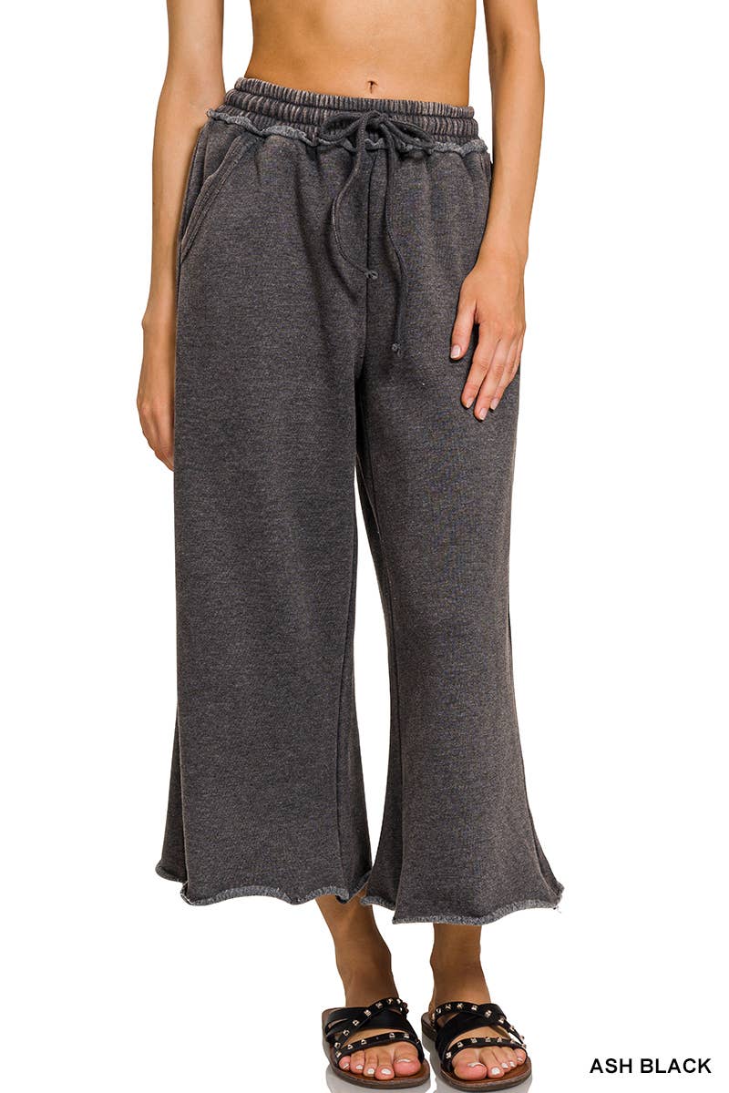 WASHED FLEECE WIDE LEG SWEATPANTS WITH POCKETS