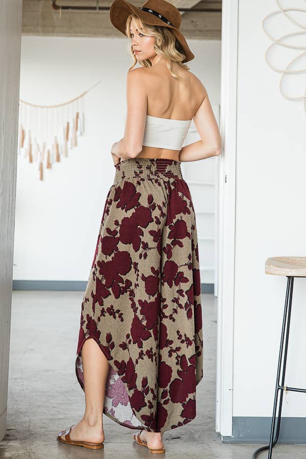 Floral Print Smocked Waistband Wide Leg Pants