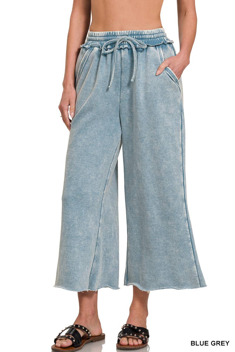 WASHED FLEECE WIDE LEG SWEATPANTS WITH POCKETS