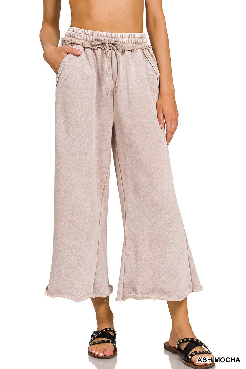 WASHED FLEECE WIDE LEG SWEATPANTS WITH POCKETS