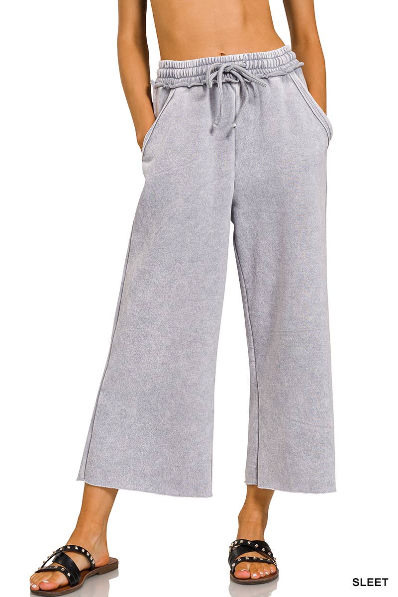 WASHED FLEECE WIDE LEG SWEATPANTS WITH POCKETS